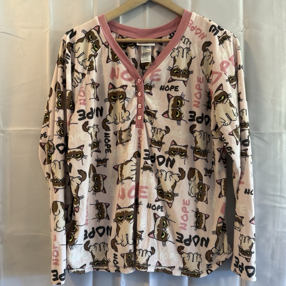 Grumpy Cat Pajamas Women XL Set‎ Pink Fleece Sleep Pants Pjs Nope 1/4 Button